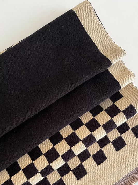 Unisex Checkered Raw Hem Scarf in Dark Brown - styled detail 2