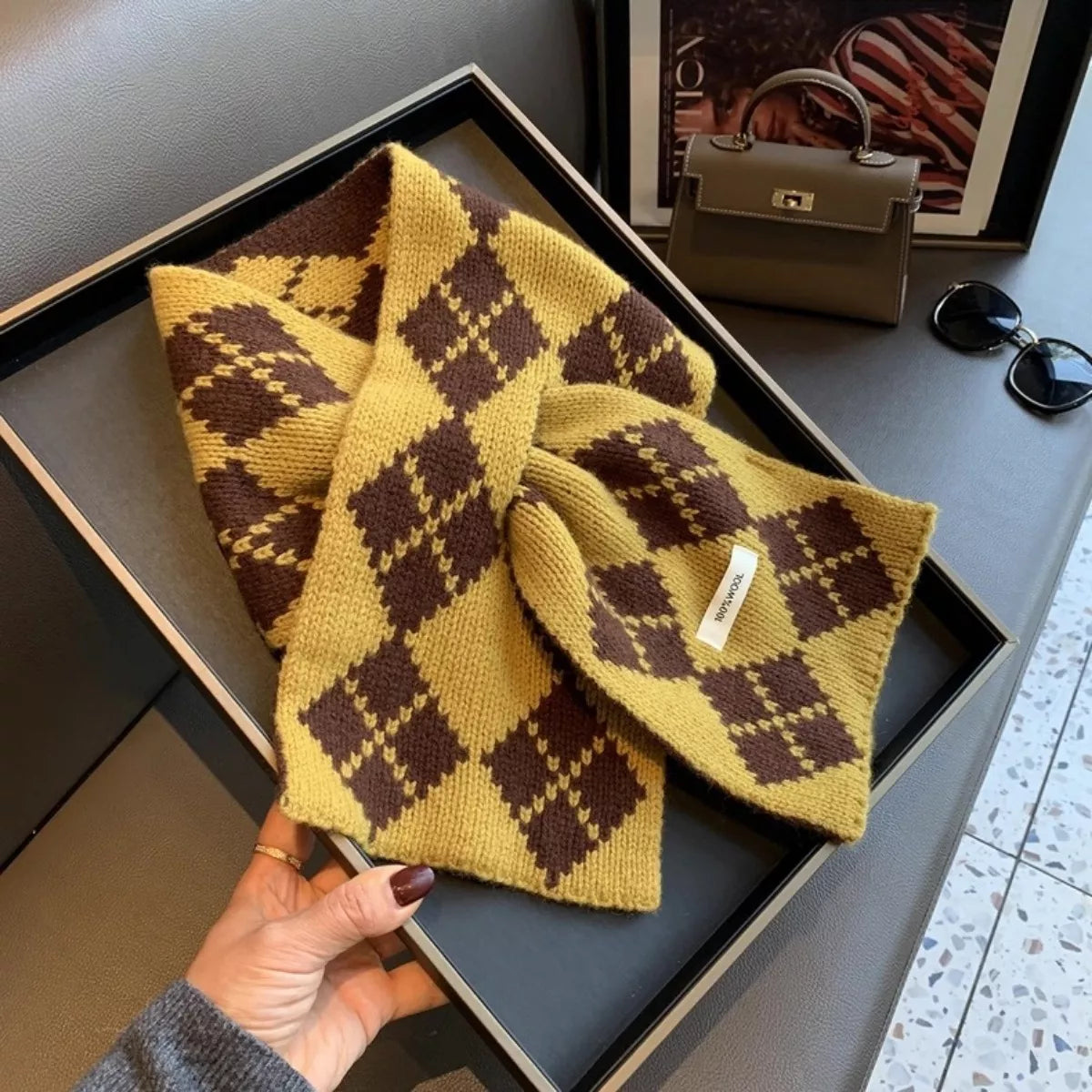 Unisex Yellow Argyle Wool Scarf — yellow and brown argyle wool scarf in a display box