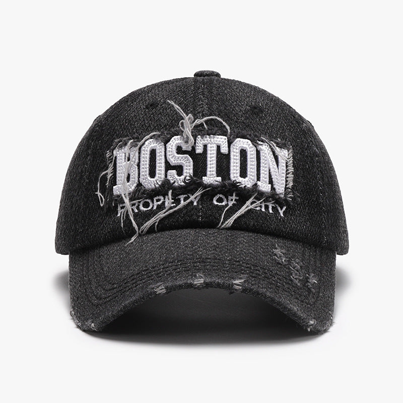 Unisex Black Boston Embroidered Distressed Cotton Baseball Cap back detail