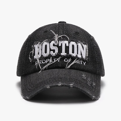 Unisex Black Boston Embroidered Distressed Cotton Baseball Cap back detail