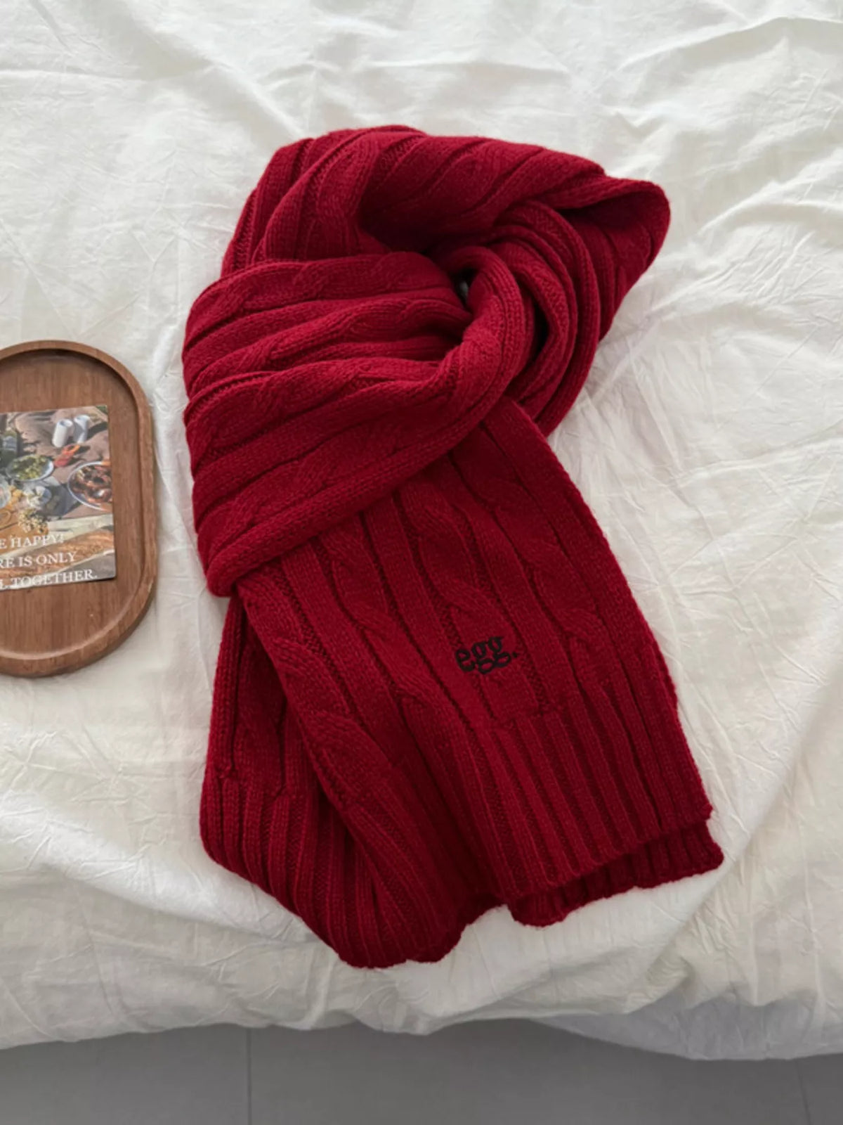 Unisex Cable Rib Winter Scarf — red cable rib scarf arranged in a knot