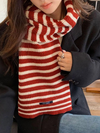 Unisex 100% Wool Striped Knitted Winter Scarf — front outfit view with long red and cream stripe ends