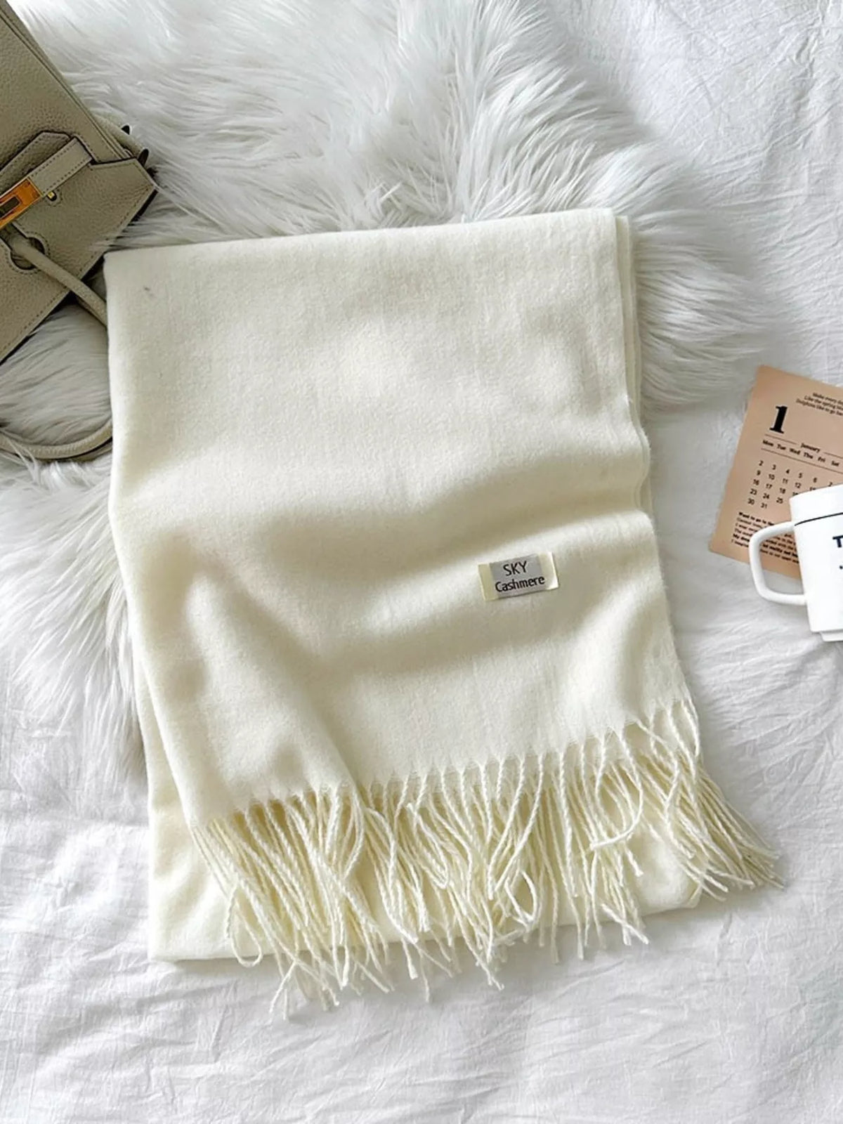 Unisex Long Soft Fringe Scarf — cream scarf folded to show fine fringe