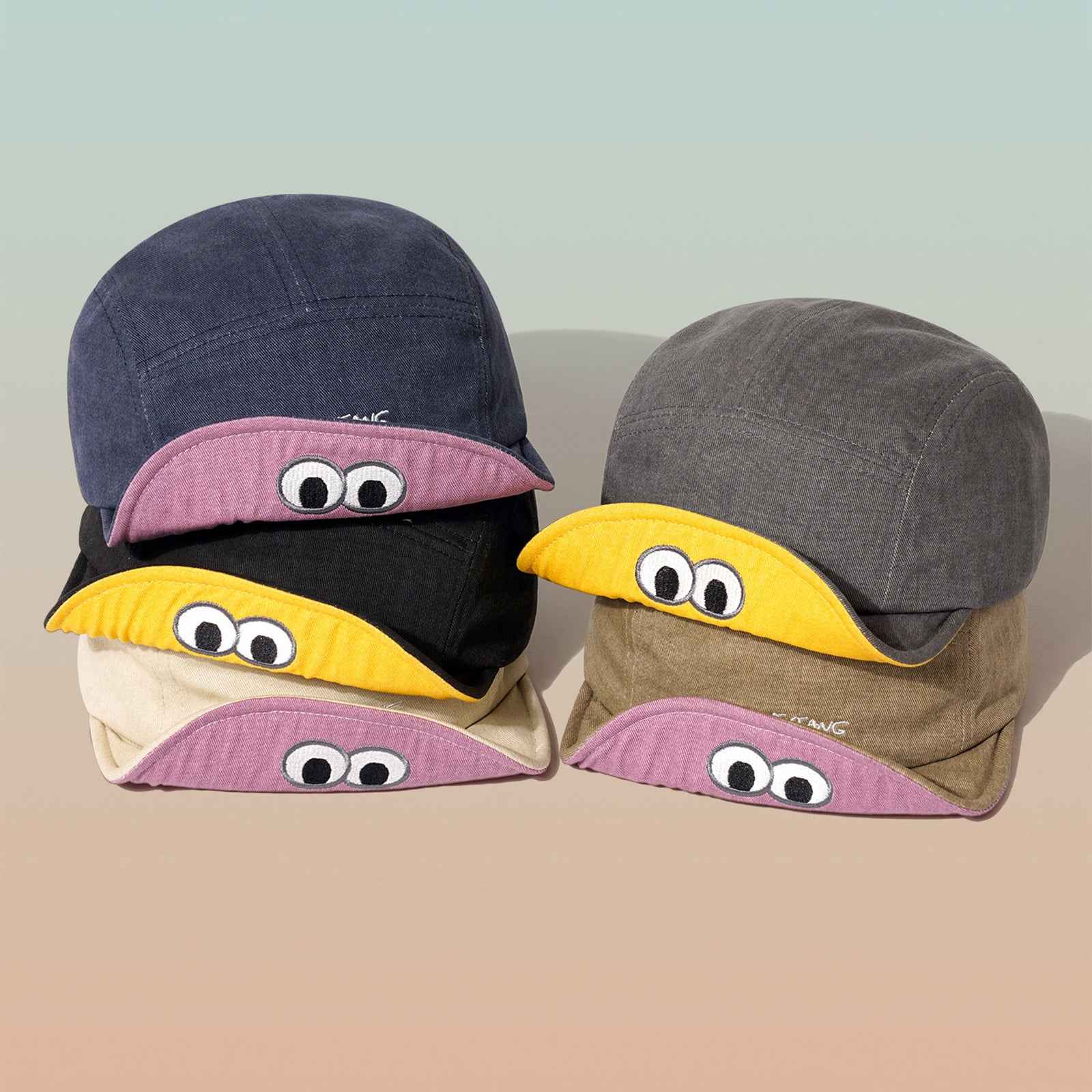 Cartoon eyes duckbill flat cap beige front view