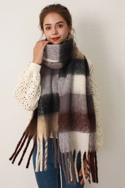 Unisex Thermal Fringe Contrast Plaid Scarf in Gray/Brown grid - front view 1