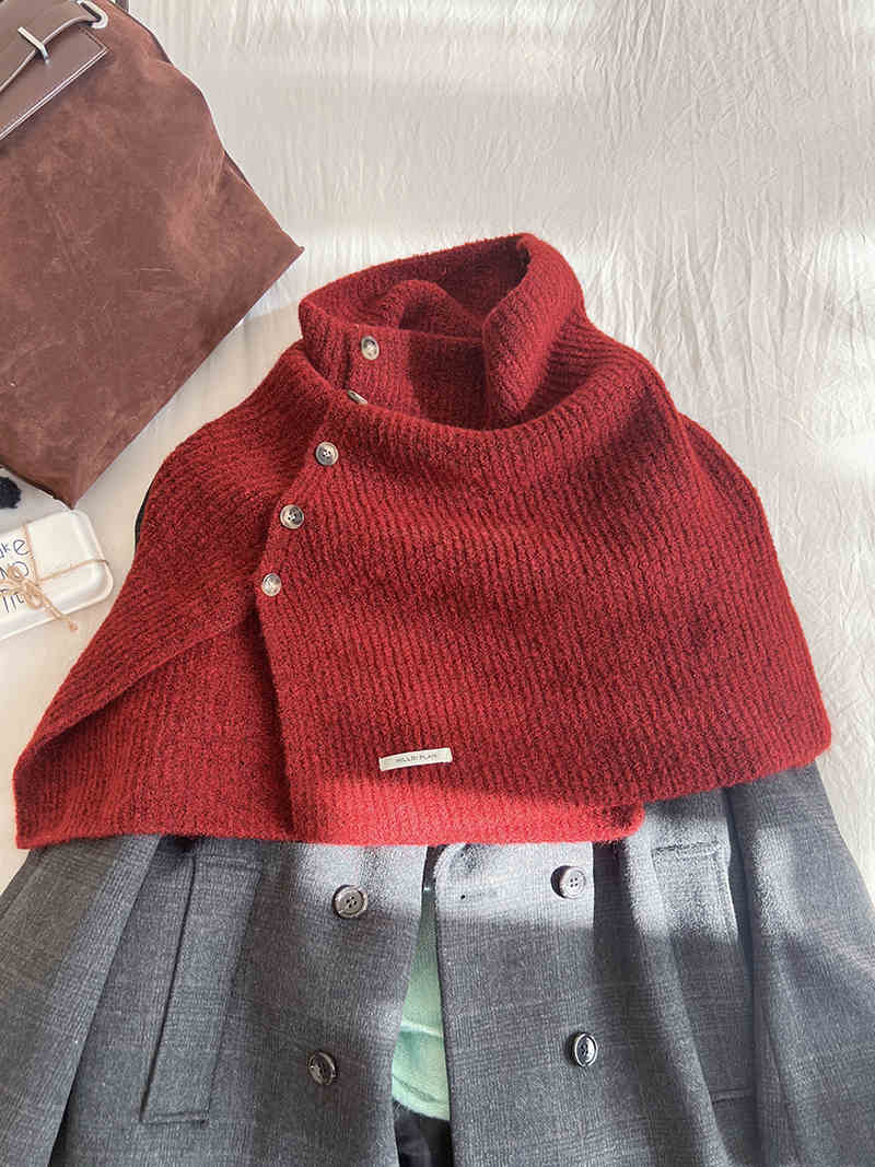 Women's High Neck Buttoned Knit Cape Shawl — red buttoned shawl layered over a patterned top