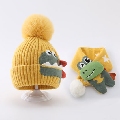 Yellow dinosaur knit beanie and matching star-print scarf