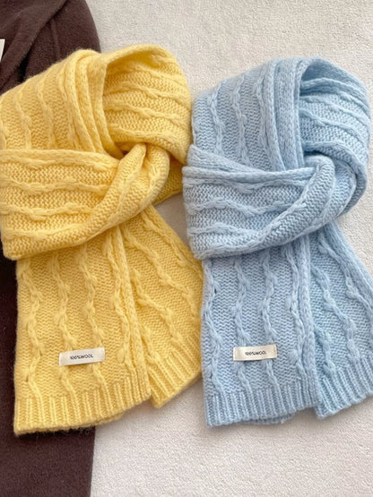 Unisex Wool Cozy Cable Knit Scarf — yellow and pale blue scarves looped side by side