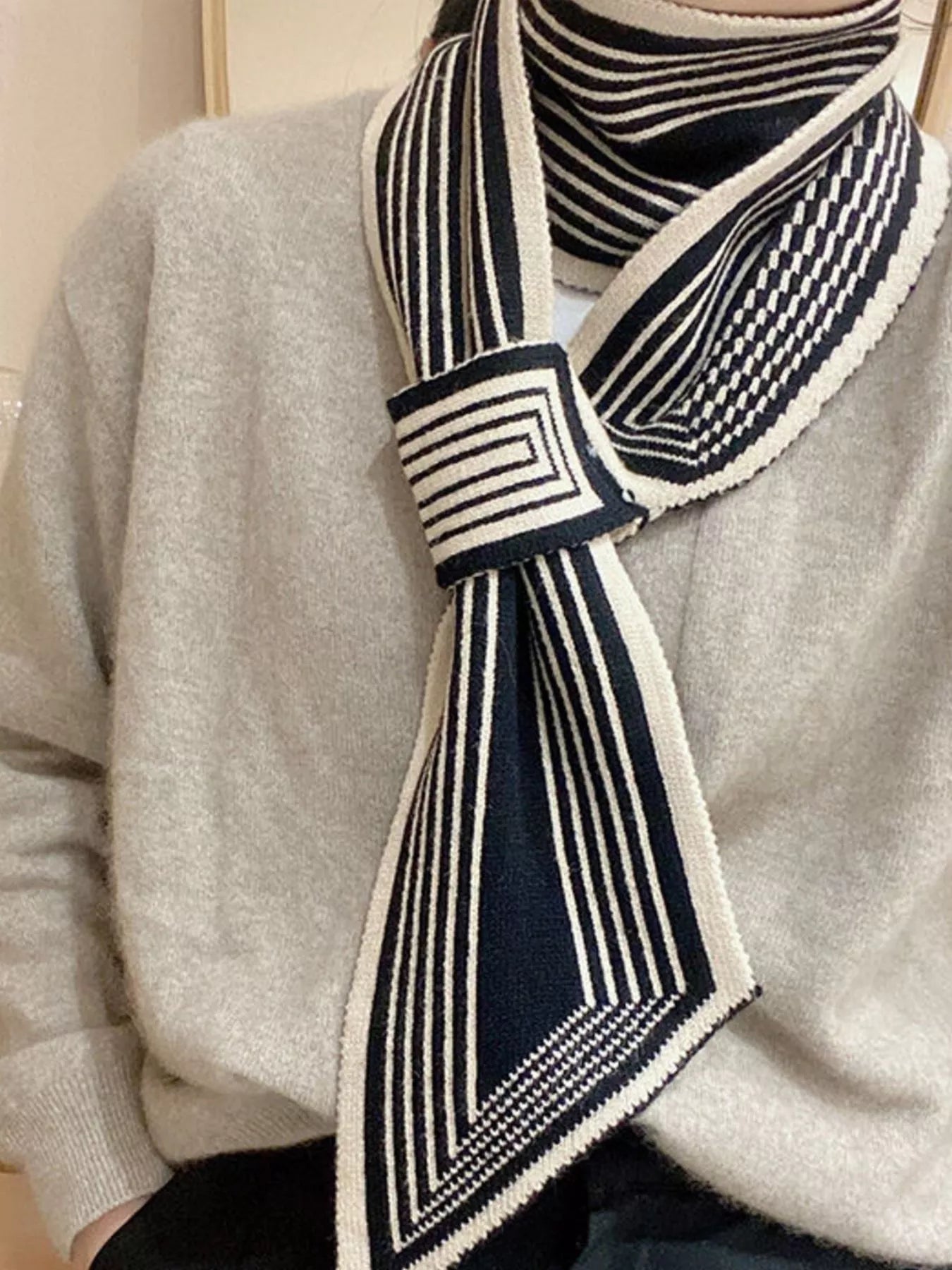 Unisex Striped Knitted Winter Scarf in Black - draped view 4
