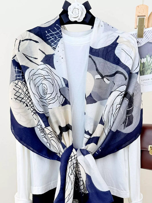 Women's Flower Print Lightweight Scarf in Blue - styled detail 2