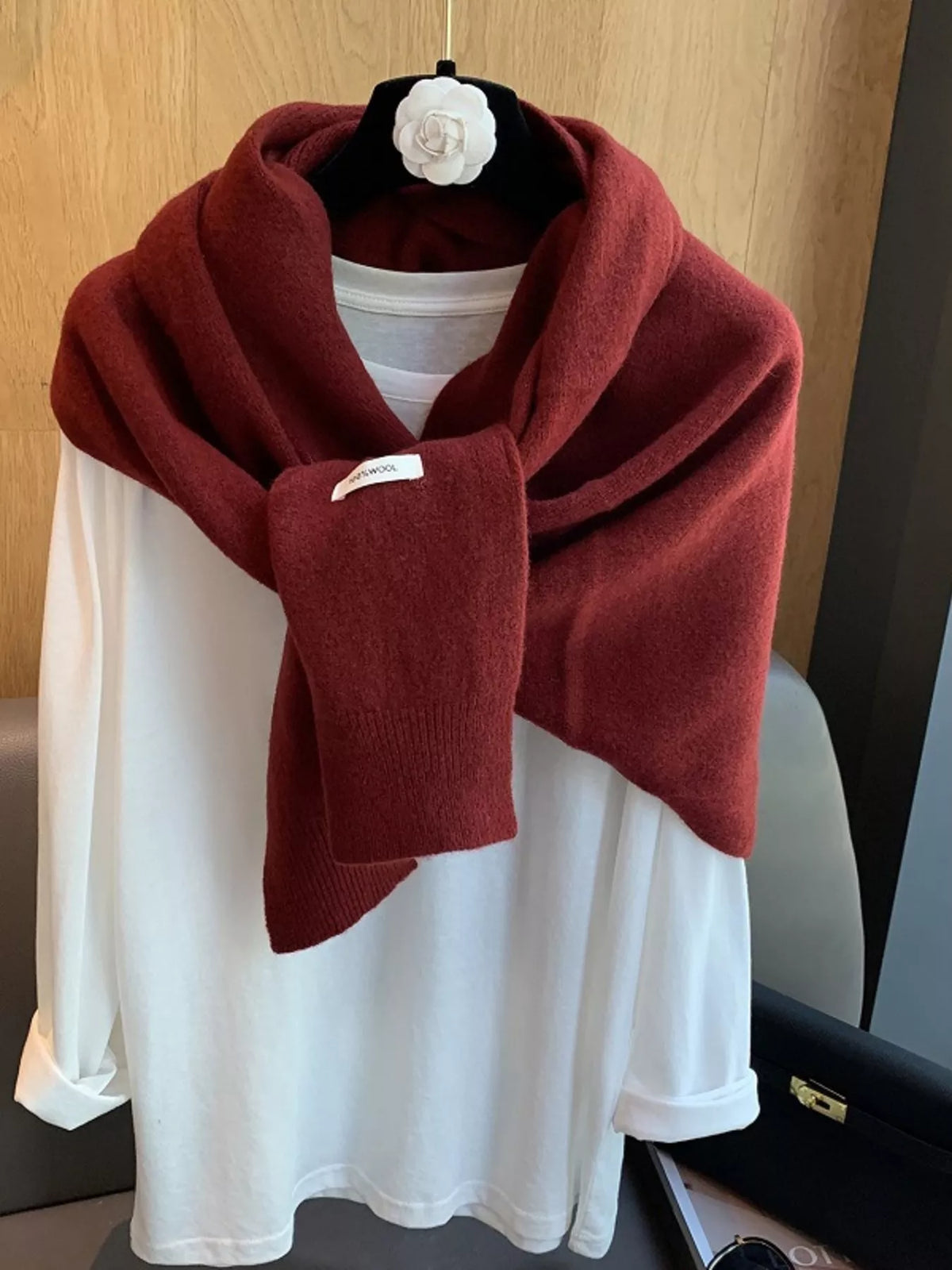Women's Wool Knitted Asymmetrical Shawl — red knitted shawl tied at the front