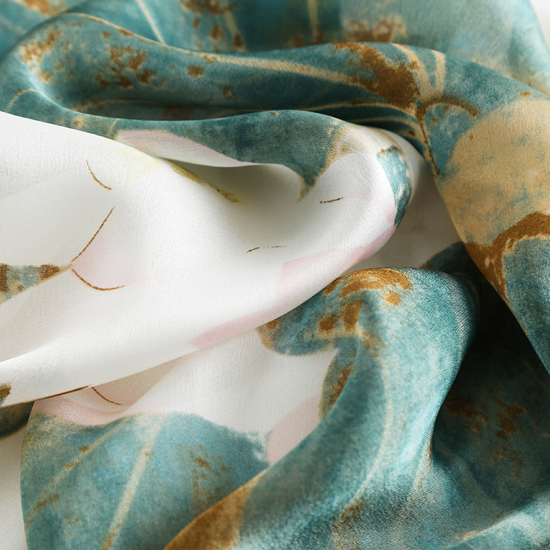Women's White Elegant Abstract Print Satin Scarf brim detail