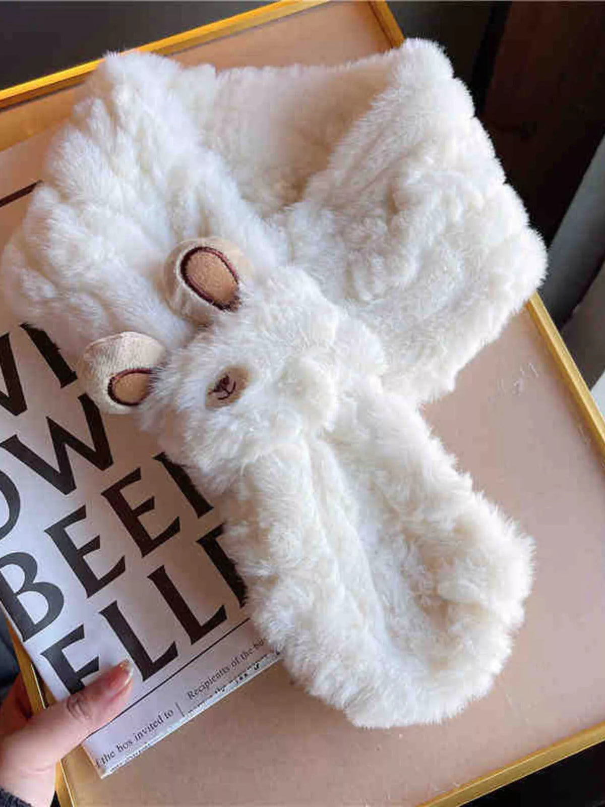 Unisex Animal Detail Plush Scarf — white plush scarf with small animal ears and face details