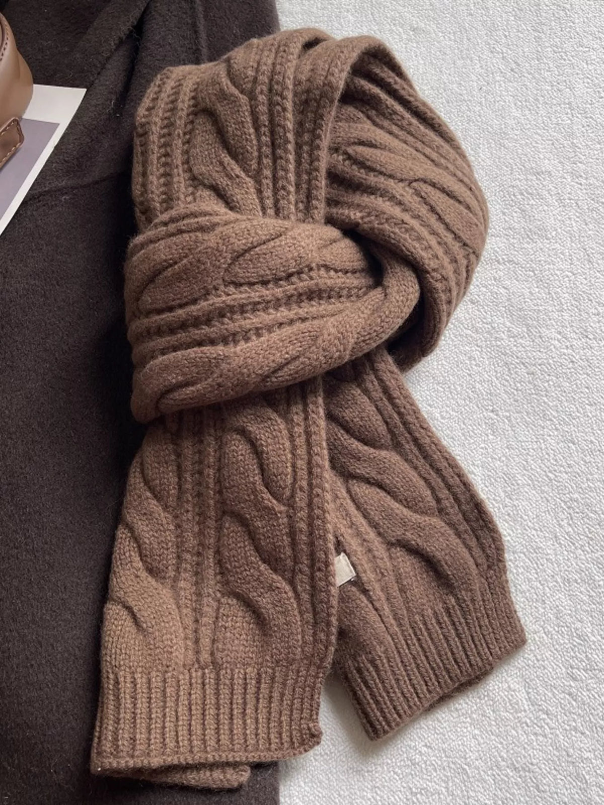 Unisex Wool Cable Knit Winter Scarf — brown wool scarf with braided knit columns