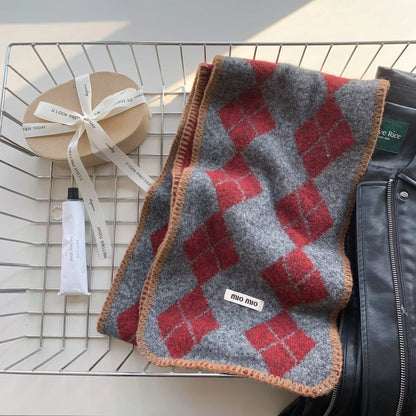 Unisex Argyle Pattern Warm Scarf — deep red and gray argyle scarf folded flat