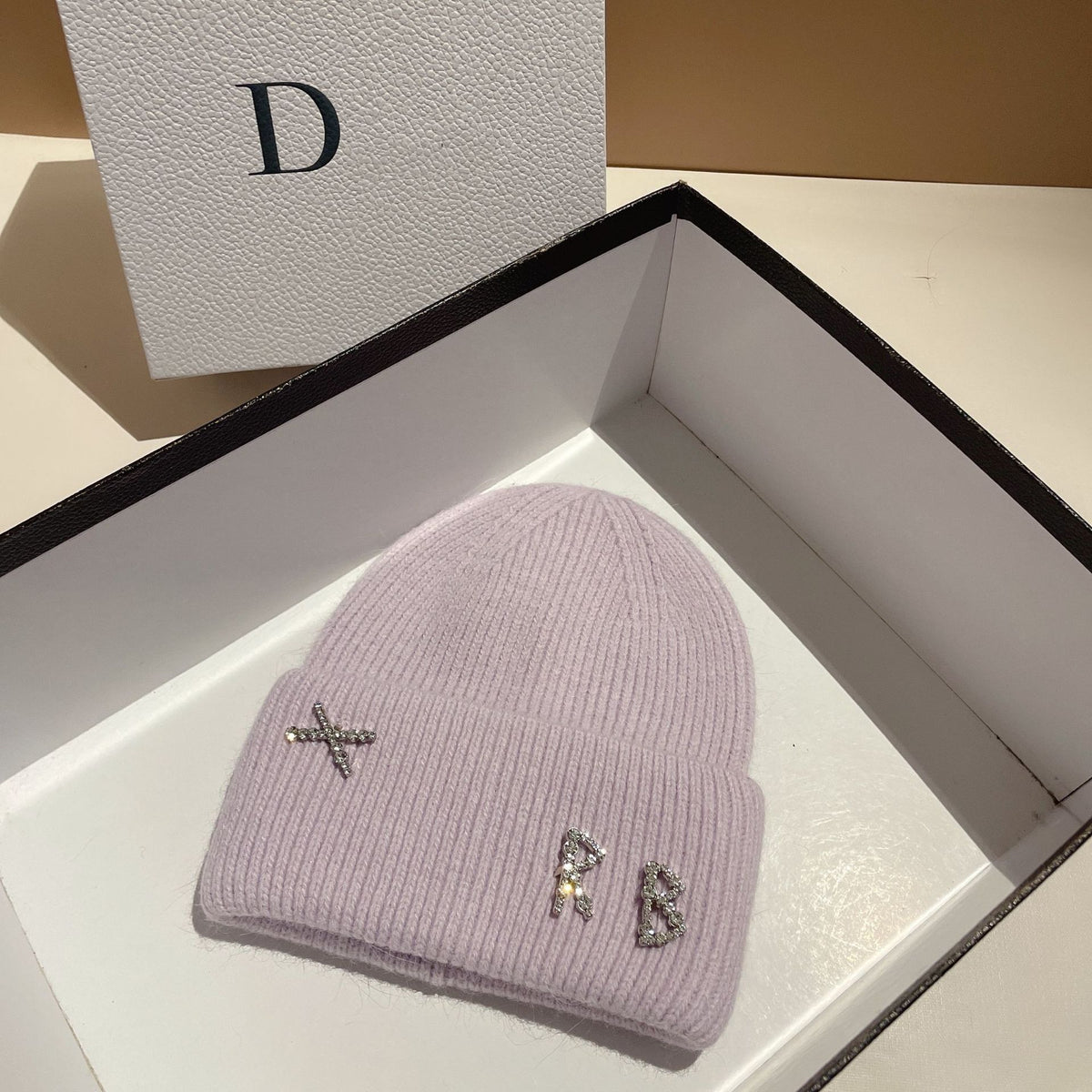 Women's Rhinestone Embellished RB Letter Knit Winter Beanie — light purple RB beanie with folded cuff
