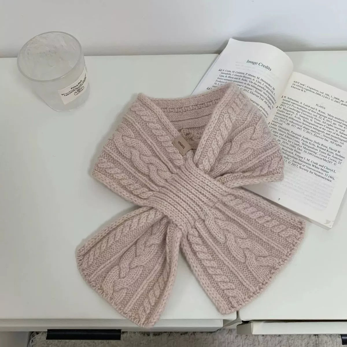 Unisex Cozy Cable Knit Scarf — beige compact scarf with ribbed edge and cable columns