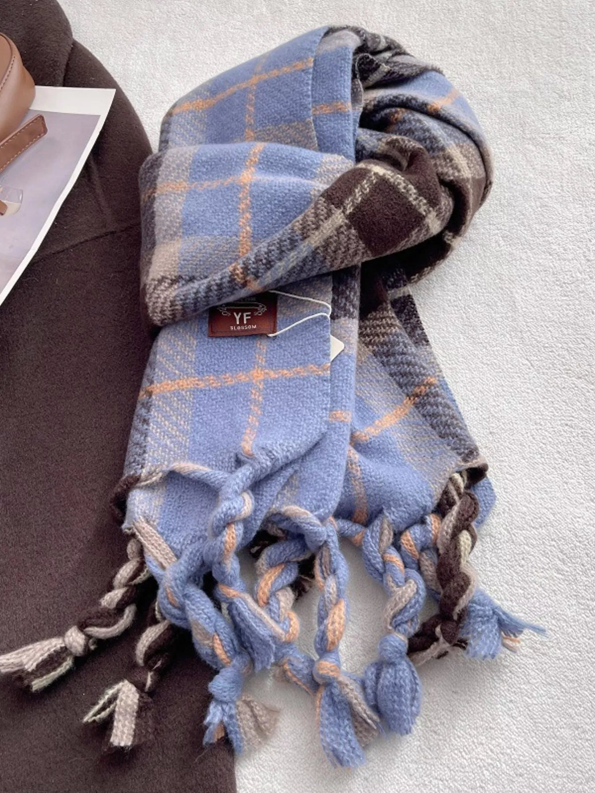 Unisex Warm Plaid Tassel Scarf — light blue plaid scarf and twisted end details