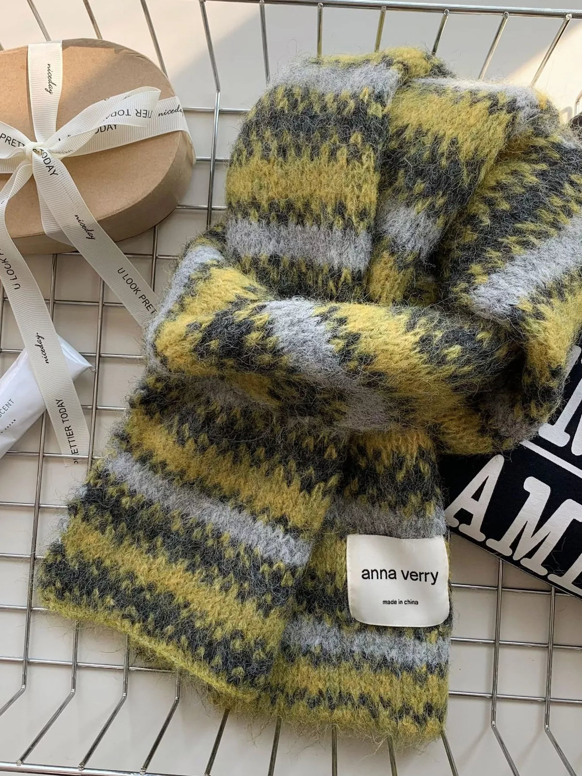 Unisex Striped Knitted Warm Scarf — moss and yellow toned striped scarf loosely knotted
