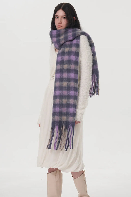 Unisex Fringe Plaid Polyester Scarf in Lilac - styled detail 2