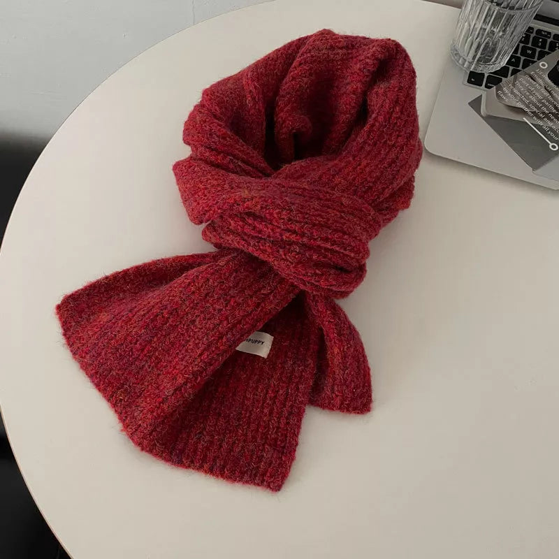 Unisex Marled Wool Blend Scarf — red wool blend scarf tied in a loose knot