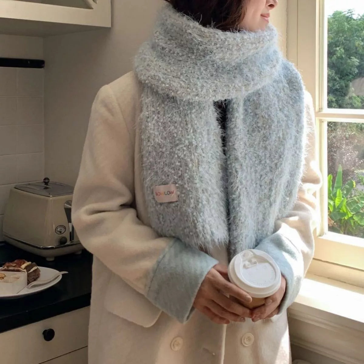 Unisex Soft Plush Winter Warm Scarf — blue textured scarf styled with both ends in front