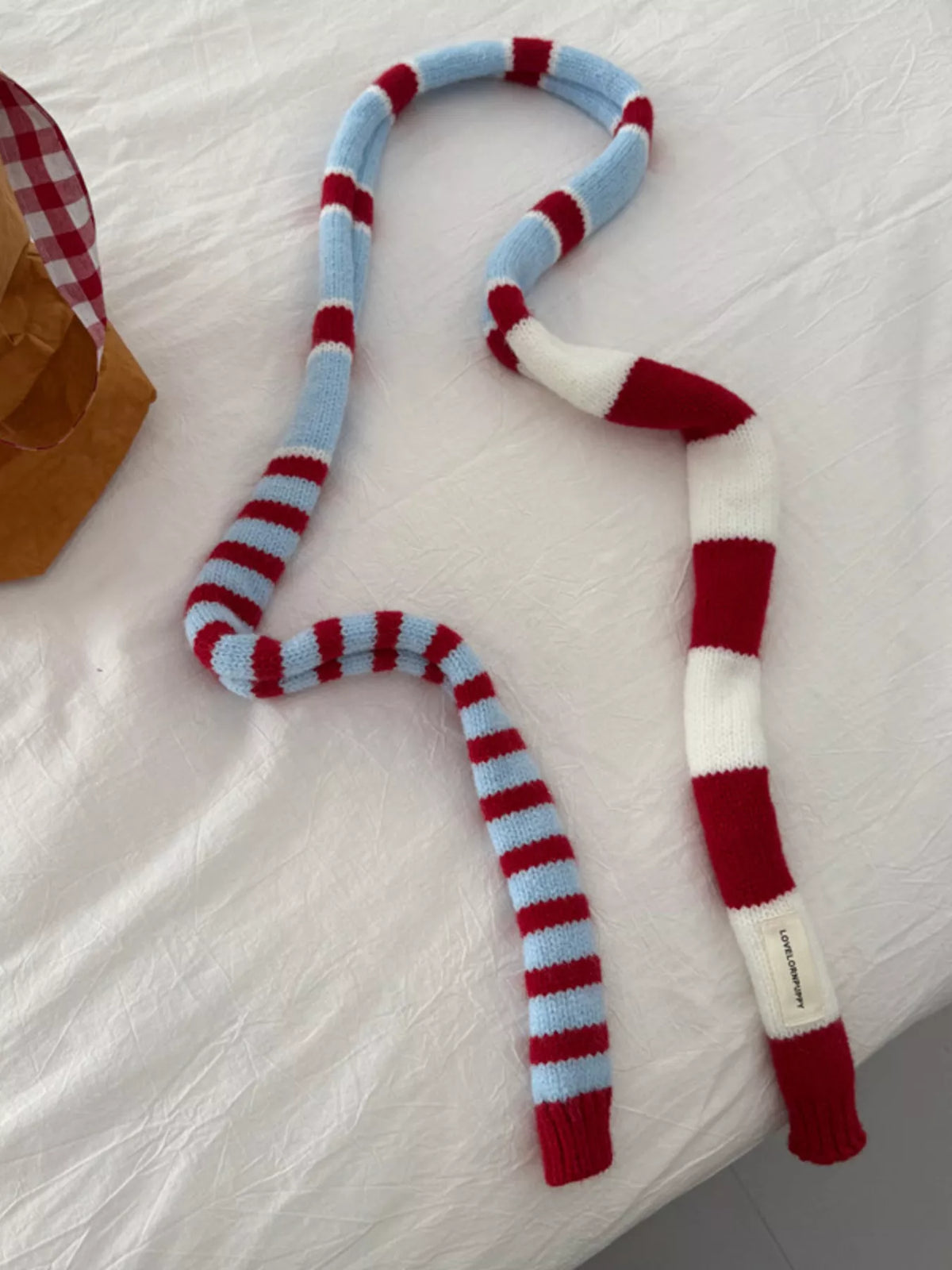 Unisex Red Stripe Skinny Scarf — narrow multitone scarf with red and blue stripe sections