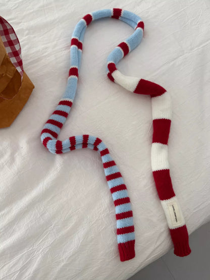 Unisex Red Stripe Skinny Scarf — narrow multitone scarf with red and blue stripe sections
