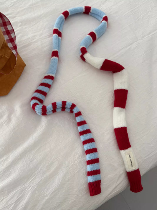 Unisex Red Stripe Skinny Scarf — narrow multitone scarf with red and blue stripe sections