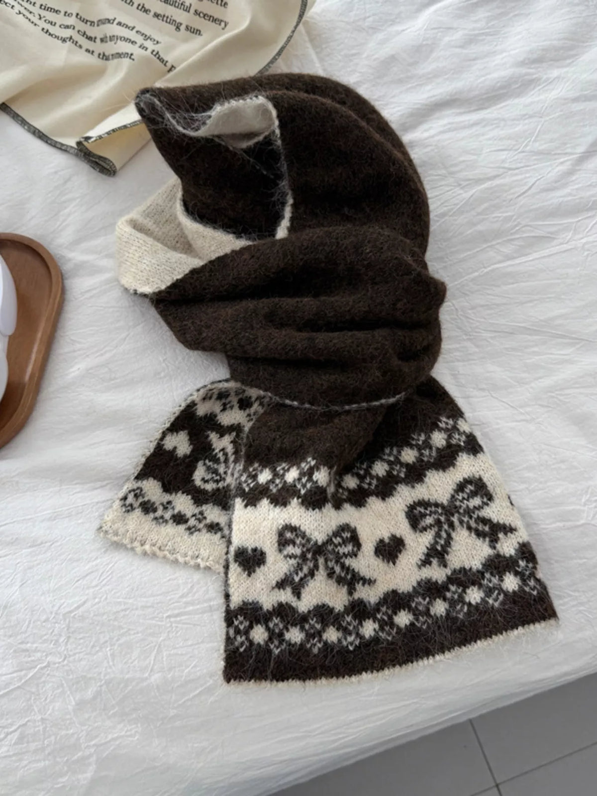 Unisex Bow Motif Wool Blend Scarf — brown scarf with contrasting bow and geometric bands