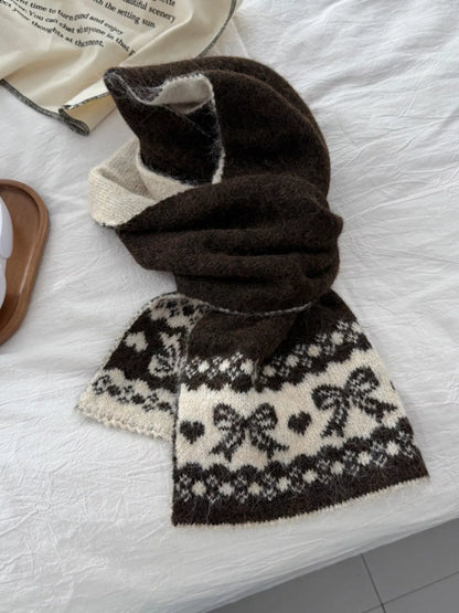 Unisex Bow Motif Wool Blend Scarf — brown scarf with contrasting bow and geometric bands