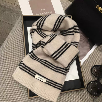 Unisex Wool Striped Contrast Knit Warm Scarf — off-white scarf with dark narrow stripe bands