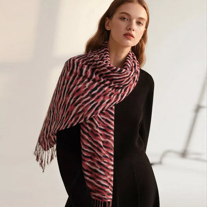 Unisex Fringe Printed Scarf — red printed scarf draped across the shoulders