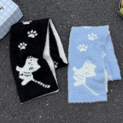 Unisex Cat Paw Pattern Scarf — black and light blue cat paw scarves displayed together