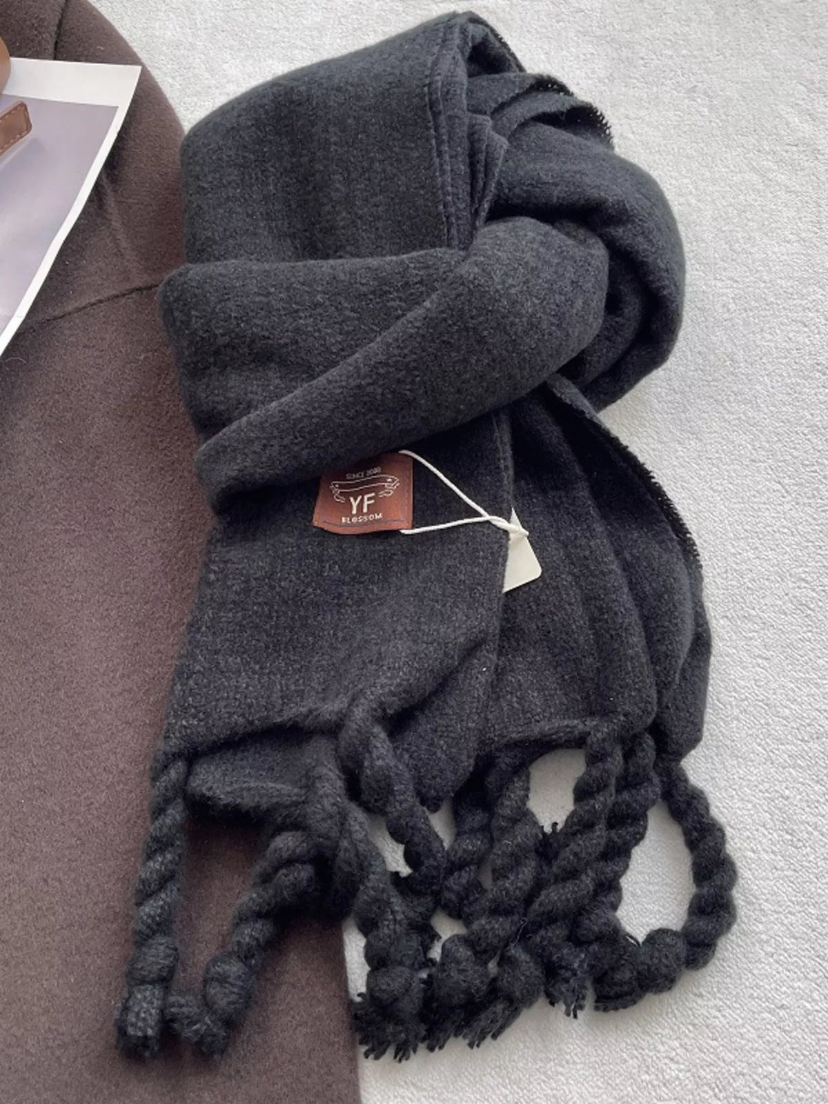 Unisex Knitted Tassel Scarf — dark scarf with matching twisted fringe