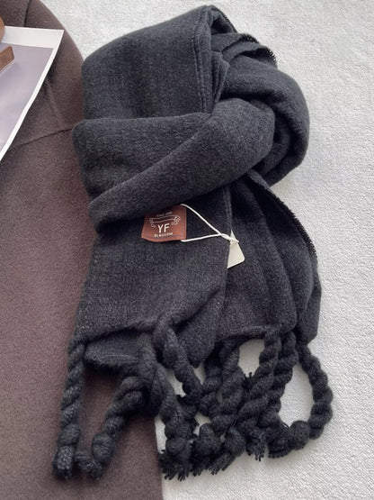 Unisex Knitted Tassel Scarf — dark scarf with matching twisted fringe