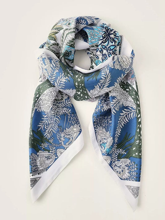 Women's Floral Print Silk Scarf in Blue - front view 1