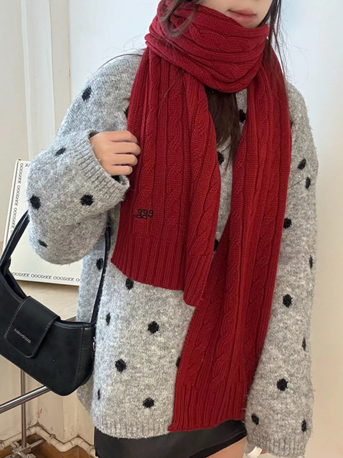 Unisex Cable Rib Winter Scarf — closer view of red winter scarf at the neckline