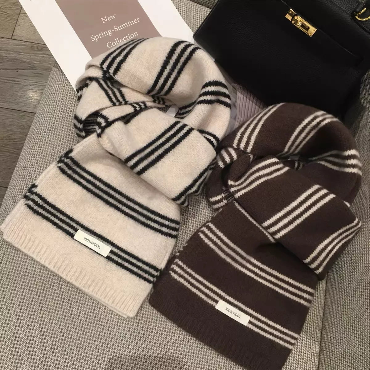 Unisex Wool Striped Contrast Knit Warm Scarf — pale and brown striped scarves shown side by side
