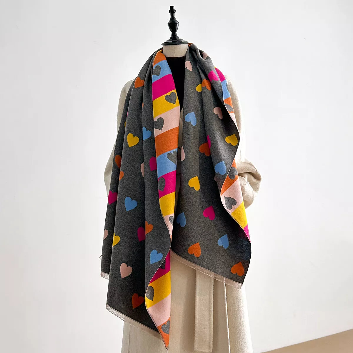 Women's Heart Pattern Fringe Winter Scarf in Beige - fabric texture 3