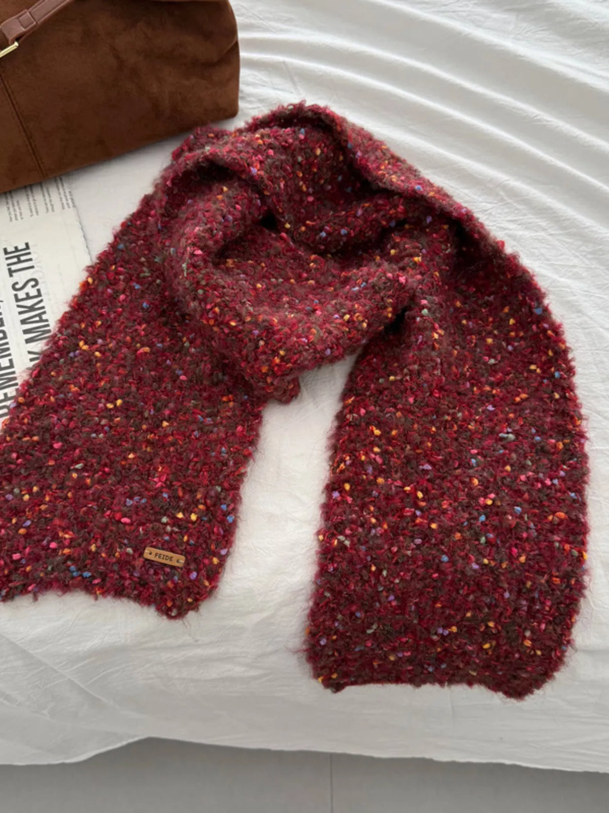 Unisex Multicolor Speckled Knit Scarf — red-toned speckled scarf with open ends