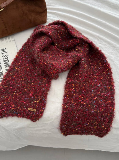 Unisex Multicolor Speckled Knit Scarf — red-toned speckled scarf with open ends
