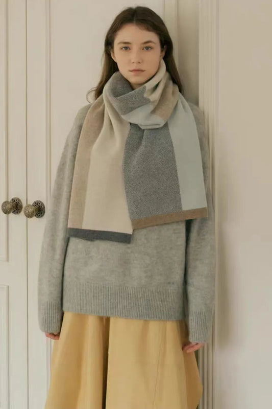 Unisex Thermal Contrast Acrylic Scarf in Beige - styled detail 2