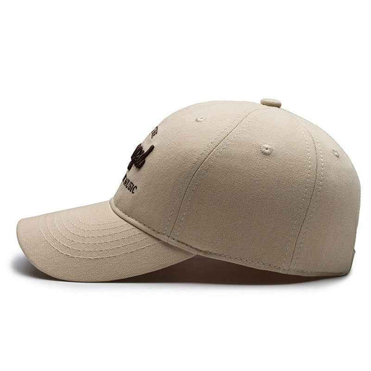 Brown adjustable slogan baseball cap side view