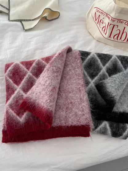 Unisex Diamond Grid Fuzzy Scarf — two diamond grid scarves arranged with their ends visible