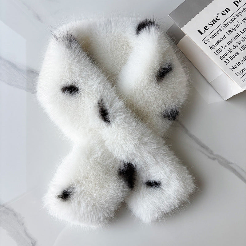 White faux fur neck scarf with widely spaced dark spots