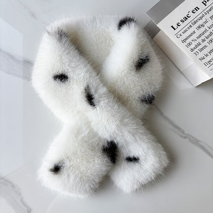 White faux fur neck scarf with widely spaced dark spots