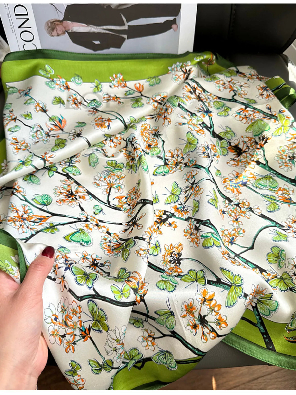 Unisex Floral Print Silk Scarf — close view of botanical print and green hem