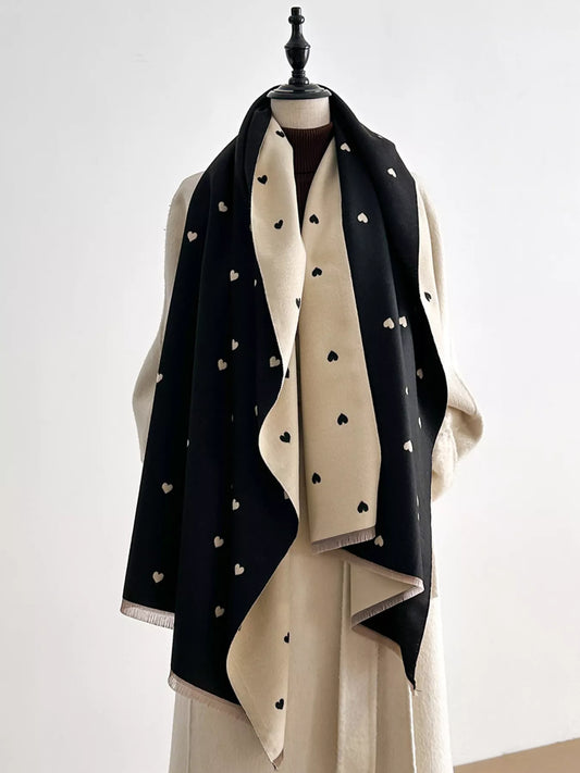 Women's Heart Raw Hem Scarf in Black - front view 1