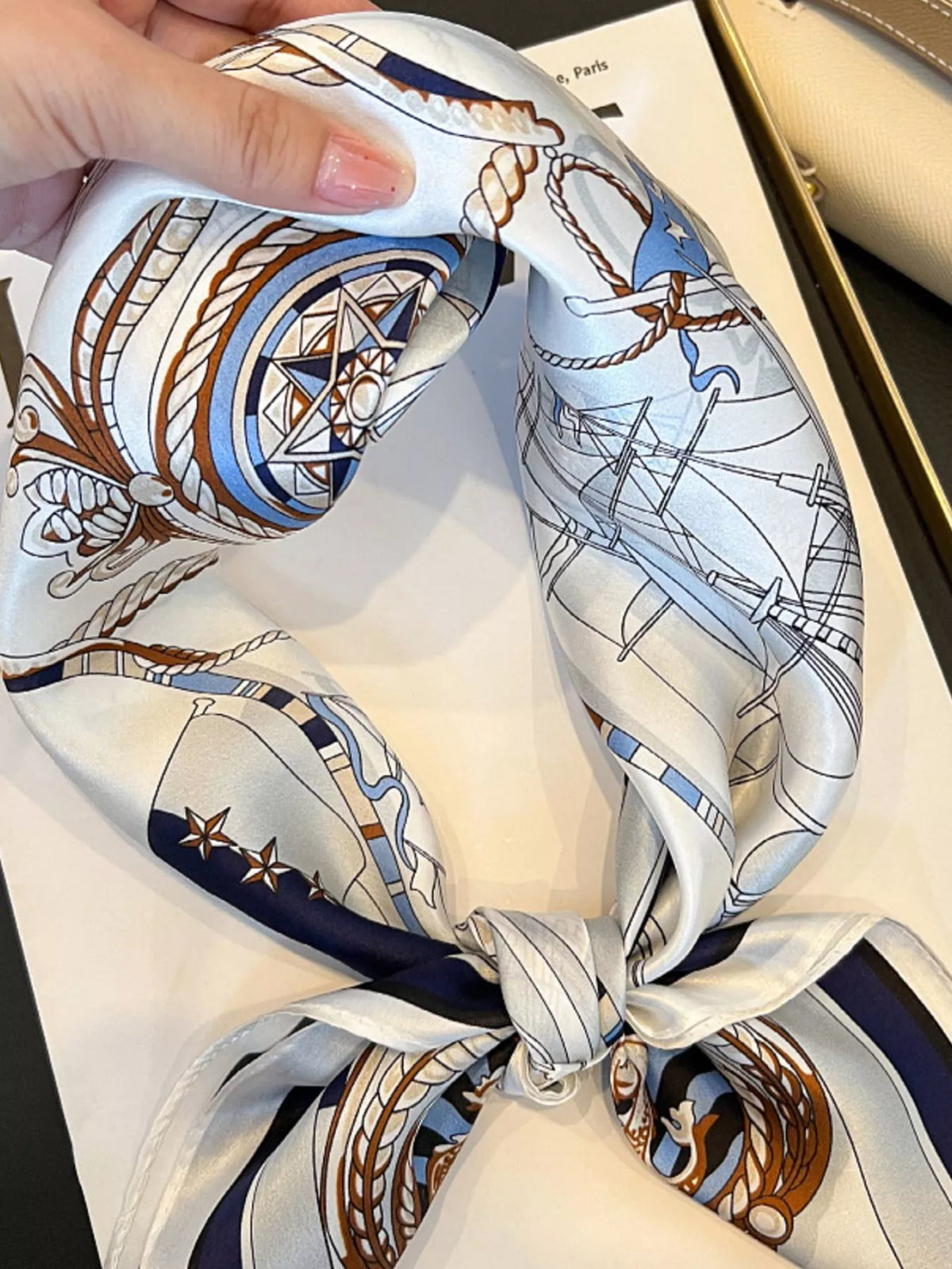 Unisex Nautical Print Silk Square Scarf — nautical scarf loosely tied with patterned corners